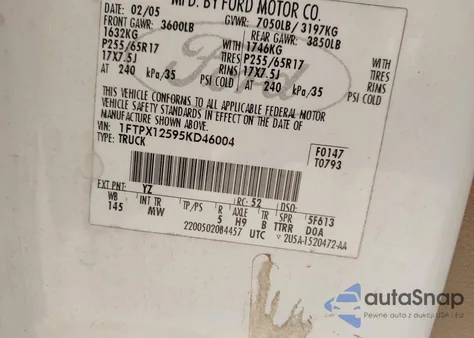 2005 Ford F-150 Lariat/Xl/Xlt from USA, damaged, VIN 1FTPX12595KD46004